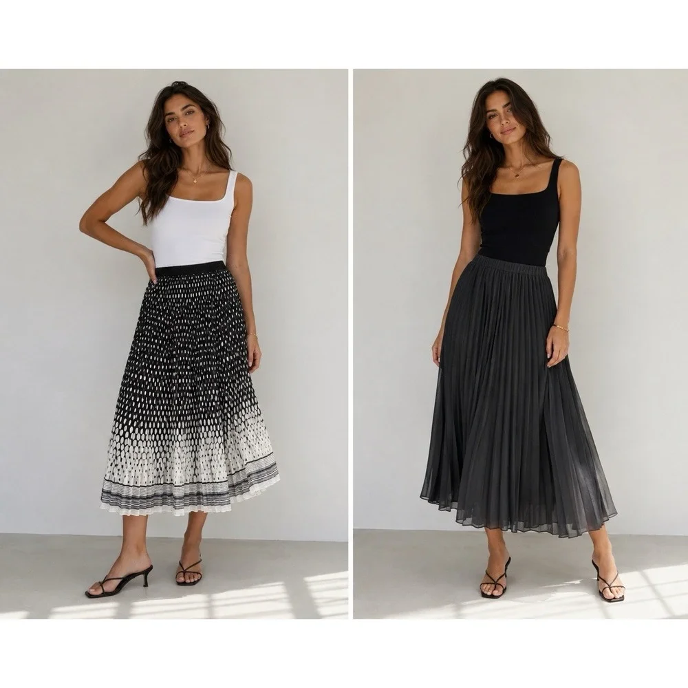 Lot of‎ 2 Womens Size Large Maxi Skirts Pleated Black & Polka Dot A New Day